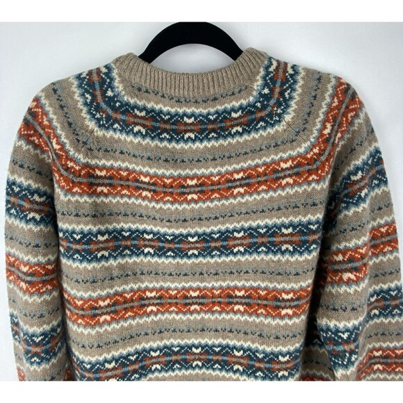 J.CREW Sweater Mens Medium Tan Orange Blue Fair Isle Stripe 100% Lambswool Soft - Picture 7 of 11